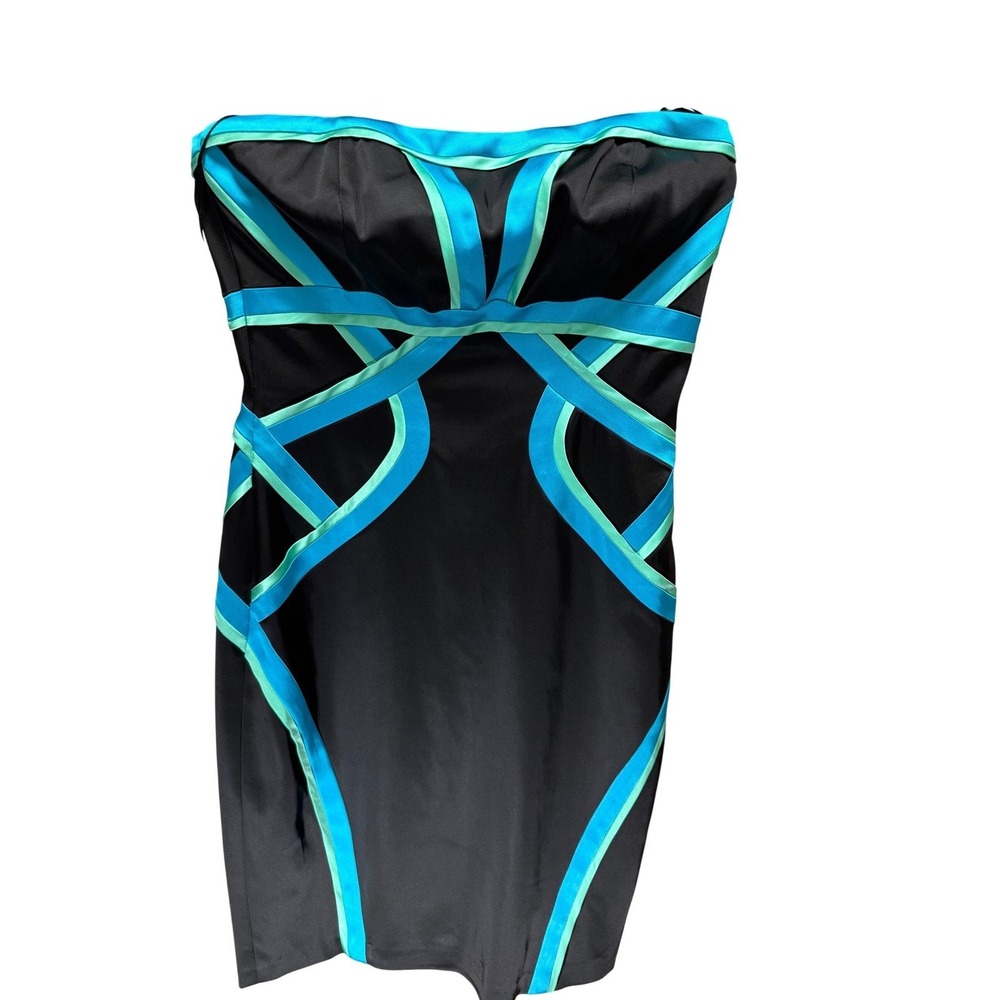 Jax Strapless Bodycon Dress Womens 12 Black Blue Geometric Bandage Cocktail NEW
